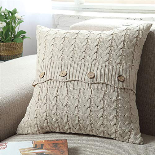 Nvzi Cotton Cable Knit Pillow Cover Soft Warm Throw Pillow Case Cushion Cover Decorative Pillow Cover with Buttons (Beige, 18x18 inches)
