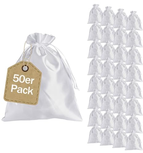 SPRINTIS Satinsäckchen weiß, 15 x 20 cm (50 Stück) - edle Geschenkbeutel mit Satinband – wiederverwendbare Schmuckbeutel, perfekt für Weihnachten und Hochzeit