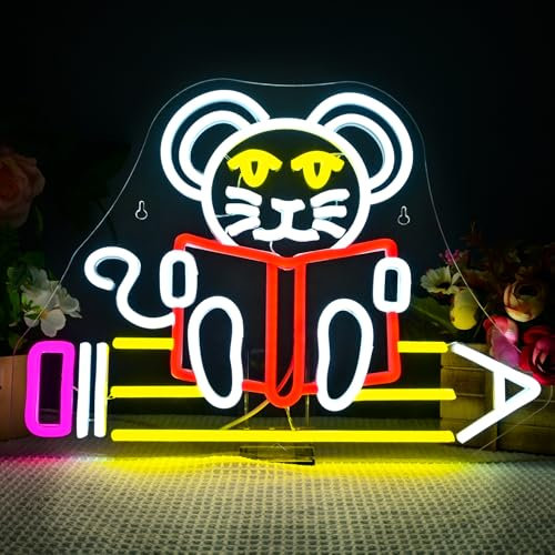 Wanxing Lesende Maus Neon Schild,Dimmbare Bücher Led Schild,Neon Sign für Buchliebhaber für Jungen und Mädchen für Schlafzimmer Nachttisch Wohnzimmer Wanddekoration