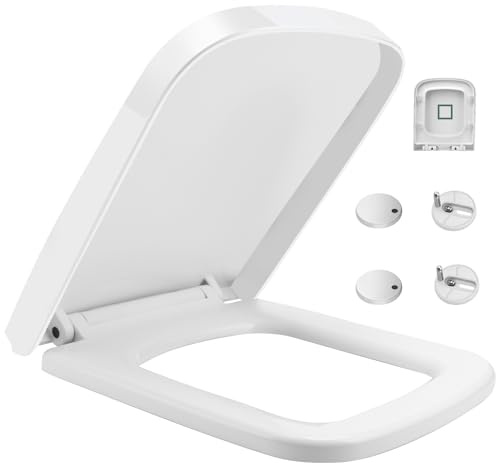 xinfedi Sedile WC quadrato, chiusura lenta, con cerniere regolabili, facile da pulire (bianco)