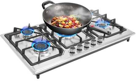 Piano cottura a gas a 5 fiamme, 2800 pa in acciaio inox con bottoni e portavasi, 86 x 51 x 12 cm, piano cottura a gas propano per cucina, argento