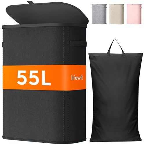 Lifewit 55L schmaler Wäschekorb mit Deckel, Schwarz | Schlanke faltbare Wäschebox mit herausnehmbarem Wäschesack und Tragegriffen für kleine Bäder, Schlafzimmer und Waschküche