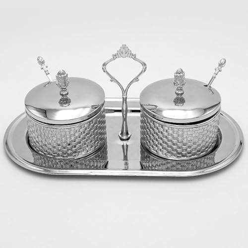 2 - Storage Jars with Lid and Spoon Including Serving Tray Table Decoration, Sugar Bowls with Lid and Spoon - for Breakfast Table, Snacks, Jam Jar, Gold and Silver Model HM6498H (Silver)
