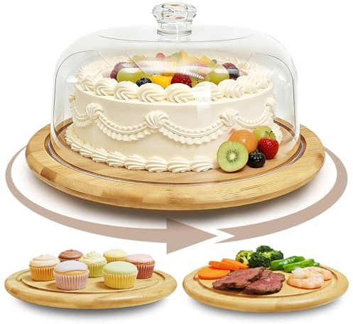 Pesilo Bamboo Cake Stand with Dome Lid, 12in Rotating Wood Cake Holder Round Cake Plate, 2-in-1 Wooden Serving Platter Charcuterie Board Dessert Table Display Set for Birthday Wedding Party Kitchen