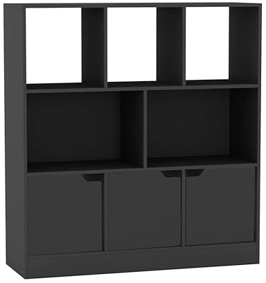 URBNLIVING Asymmetrical 8 Cube Black Bookcase – Freestanding Storage Shelf Unit with 3 Doors - Basic Doors - Black