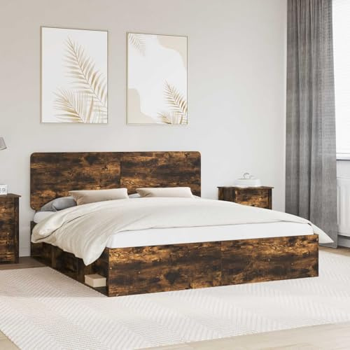 LoogCape Bettrahmen Geräucherte Eiche 200x200 cm, Massives Kiefernholz, Holzwerkstoff, Langlebiges Doppelbett für Schlafzimmer, Modernes Design, Einfacher Aufbau