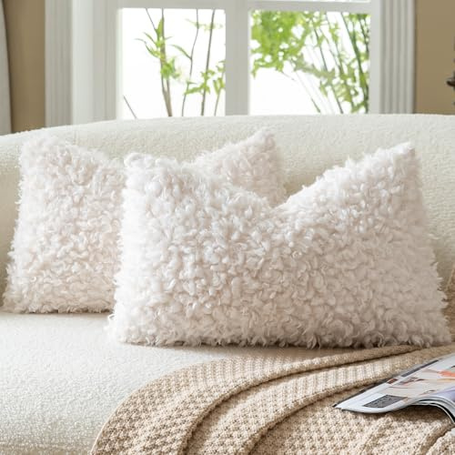 Mandioo 2er Set Kissenbezüge 30x50 cm CremeWeiße Faux Pelz Bouclé Dekorative Sherpa Kissenbezug Dicke Flauschige Fleece Kissenhüllen Dekokissen Sofakissen Couchkissen Sessel Bett Wohnzimmer