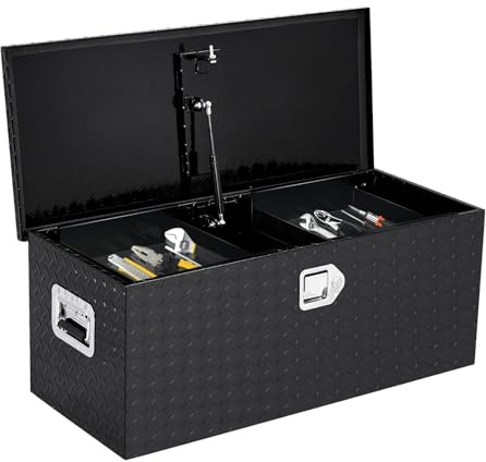 Garvee Coffre à outils camion aluminium robuste - Étanche, verrouillable, plaque diamant étoile noire - Poignées latérales, 1 boîte coulissante - Idéal pick-up/remorque - 76x38x38cm