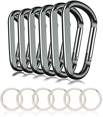 CampTek 6 x Karabiner-Karabiner-Clip, 7,6 cm großer Aluminium-D-Ring-Form, Karabinerhaken mit 6 Schlüsselanhänger-Haken (grau)