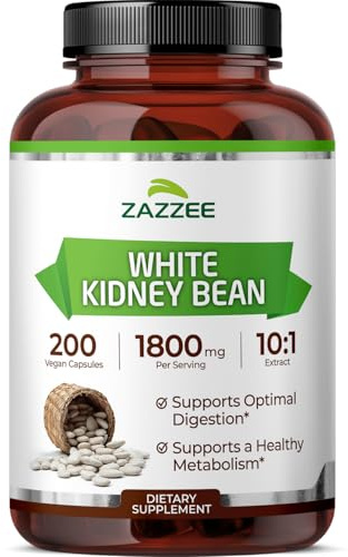 Zazzee White Kidney Bean 10:1 Extract, 1800 mg per Serving, 200 Vegan Capsules, 2+ Month Supply, Phaseolus Vulgaris, Digestive Support, 10X Strength, 100% Vegetarian, Non-GMO, Made in the USA