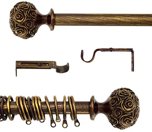 AT17 Gardinenstange Ausziehbar, Vorhangstange Gardinenstange Variable Länge Landhaus Shabby Chic - Rosen Prägemuster - 120-210 - Durchmesser 2 cm - Braun/Gold - Metall