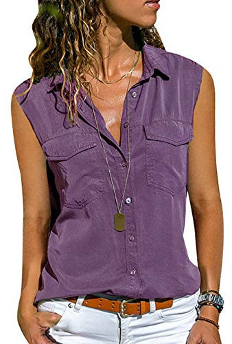 Camicette Senza Maniche Donne Camicia Chiffon Smanicata Donna Blusa Scollo a V Camicetta Per Signora T shirt Magliette donna Bluse Estive Camicie Femminili Eleganti Oversize Tinta Unita Viola S