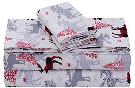 FEATHER & STITCH NEW YORK Luxuriöse Baumwoll-Flanell-Bettwäsche mit tiefen Taschen, warm für den Winter, gemütlich, leicht, Winter-Bettlaken-Sets (voll, rotes Hirsch)