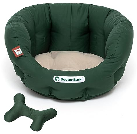 Doctor Bark - Hundebett rund - kuscheliger Hundekorb kleine Hunde mit orthopädischem Wendekissen und ToyBone - Waschbar bis 95°C - Made in Germany (S - 40x35 cm, Grün/Beige)