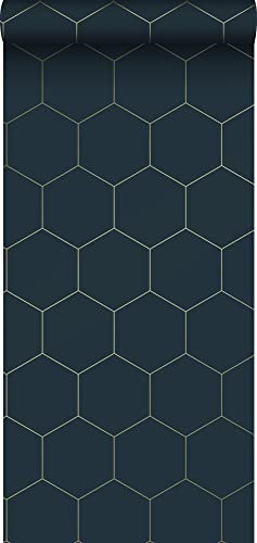ESTAhome papier peint hexagone bleu foncé et or - 139237-0,53 x 10,05 m