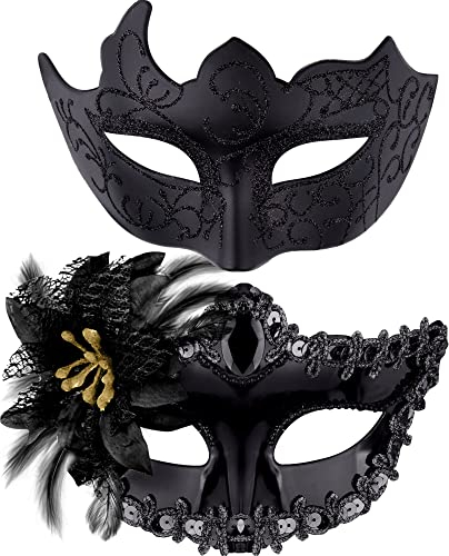SIQUK 2 Stück Venezianischen Masquerade Maske Paar Maskerade Masken Damen Herren Venezianischen Maske für Halloween Karneval Party Kostüm, Schwarz