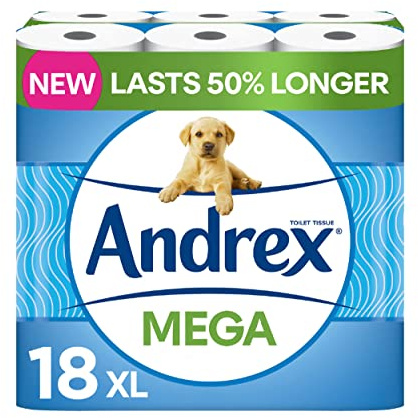 Andrex Classic Clean Mega Toilet 2-Ply Roll, White - 18 XL Rolls Same Quality Roll, Lasts Even Longer, = 27 Standard