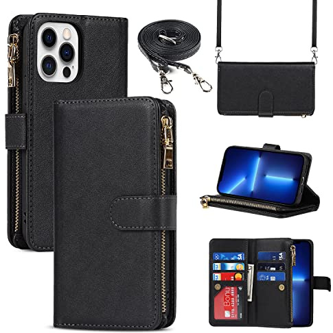 CAVOR HandyHülle kompatibel mit iPhone 13 Pro Hülle Mit Band,Flip Leder Geldbörse Hülle Mit Handykette,[9 Kartenfach][Magnetisch],Klapphülle Handytasche kompatibel mit iPhone 13 Pro - Schwarz