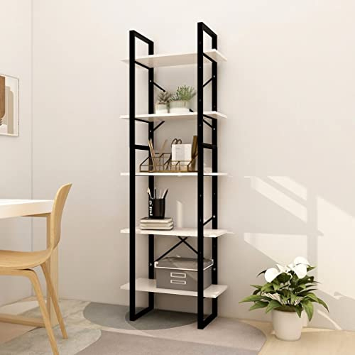 WIFESE Holz Bücherregal 5 Fächer 60x30x175 cm Holzregal Standregal Bookshelf Stufenregal Metallregal Regale Industrie Style Lagerregal Leiterregal Regal für Wohnzimmer Weiß Massivholz Kiefer