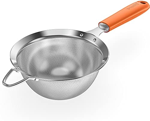 18/8 Stainless Steel Mesh Sieve: U-Taste Kitchen Metal Fine Mesh Sieve Strainer with Riveted Sturdy Silicone Handle and 30 Mesh Hole for Straining Flour, Tea, Coffee, Juice (Orange, 14 cm)