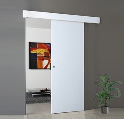 Porta scorrevole esterno muro completa di binario e mantovana con maniglietta (100x225 - Maniglietta Ottone, BIANCO)