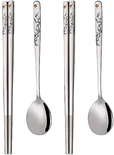 YAPULLYA Lot de 3 cuillères à soupe coréennes à long manche, en acier inoxydable 18/8, multicolores, gravure au laser, baguettes et cuillères réutilisables en métal (style MH)