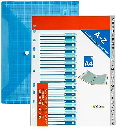 Trennblätter aus Kunststoff A4 der (A-Z) inklusive Kunststoffumschlag. Alphabetische Trennblätter DIN A4 für Ordner und Ordner mit 2 und 4 Ringen. Packung mit 26 Trennblättern, Grau, alphabetischer