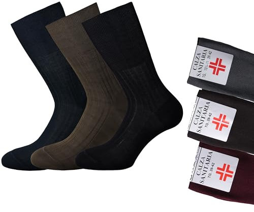 Leedya 3 Paia di Calze Sanitarie Mezza Gamba Filo di Scozia Uomo 100% Made in Italy - Cotone Mercerizzato Rimagliato a Mano - Senza Elastico per Diabetici (Colori Assortiti, 47-49)