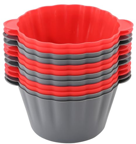 Mirenlife 12 Stück wiederverwendbare Antihaft-Silikon-Backförmchen, 8,9 cm, Jumbo-Silikon-Cupcake-Förmchen, Kuchenformen mit Griffen, große Muffinförmchen, Rot und Grau