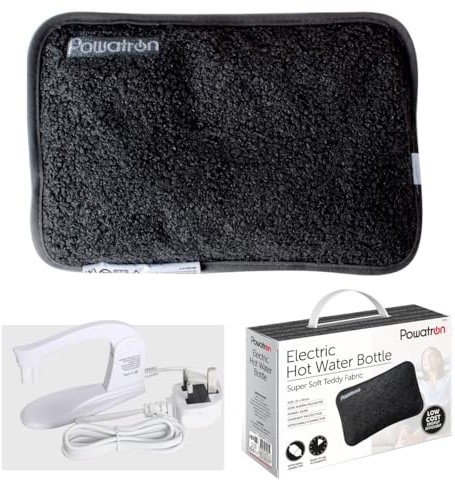 Almineez Black Rechargeable Electric Hot Water Bottle Bed Hand Warmer Massaging Heat Pad Soft Teddy Fabric - Soothing Heat Relieves Back Pain, Cramps, Arthritis, Warms Hands and Tummy