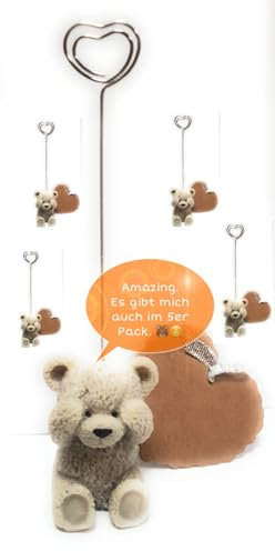 Memo/Kartenhalter in Bärchenform aus Beton (Herz, Braun 5er)