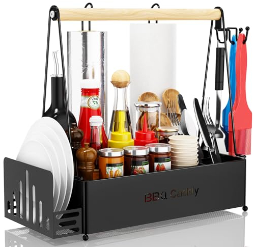 JBBTOOL Grill-Caddy, BBQ Caddy für Outdoor-Grill mit 2 Papierhandtuchhaltern, Picknick-Gewürzutensilien-Caddy für Outdoor, Wohnmobil, Heckklappen-Essentials, Grillzubehör, Campingküche, Geschenke für