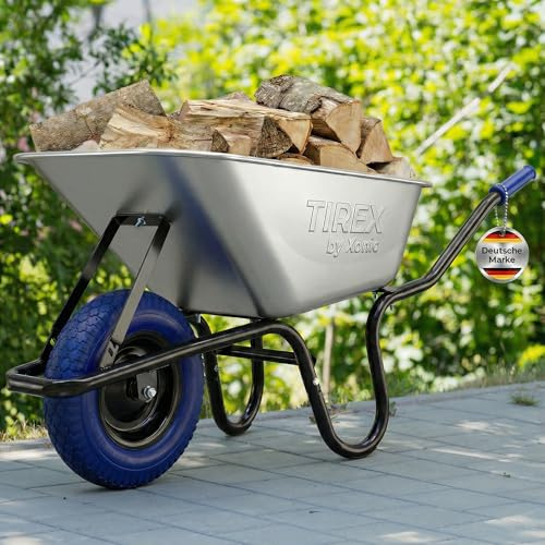 TIREX by xonic® Schubkarre mit Stahlfelge – Verzinkte Wanne bis 250kg/ 100l - Robuste Ausführung für Garten und Blau – Schieb-Karre mit PU Vollgummi-Rad - Dunkelblau- Silber