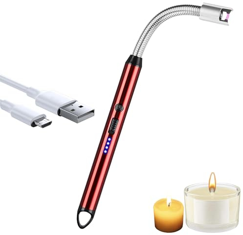 iJiGui Encendedor de arco eléctrico, recargable por USB, cuello largo giratorio de 360°, resistente al viento, para velas de gas, parrilla de cocina, barbacoa (rojo)