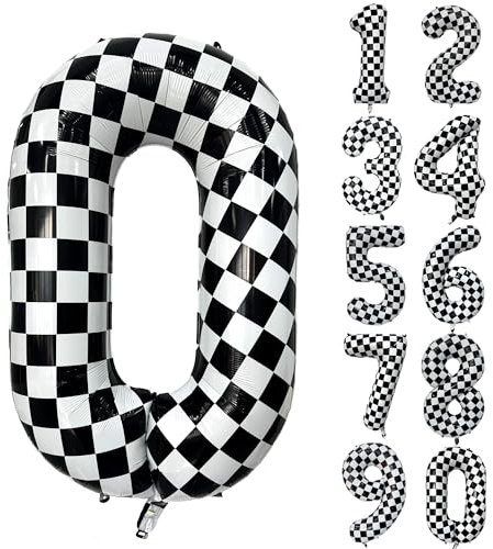 Karierter Geburtstag Ballon, Zahlen Luftballon 0, Schwarz-Weißer Zahlenballon, Riesen Folienballon Zahl 0 für Jungen Mädchen Geburtstag Party Autos Party Dekoration 0 jahre Geburtstagsdeko