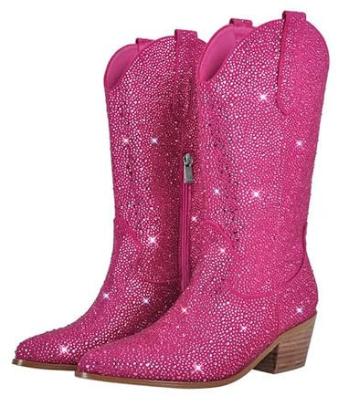blingqueen Stivali da cowboy con glitter tacco occidentale, rosa., 38 EU