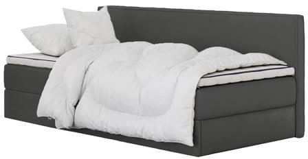 mybed. Boxspringbett Einzelbett Mitto Conti Solo Jugendbett Kinderbett Polsterbett mit Bettkasten Dunkelgrau 90x200 7-Zonen Taschenmatratze H2 und Topper Bettgestell