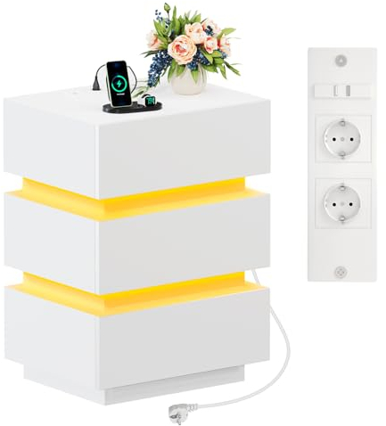 Lvhecforhm Nachttisch mit LED-Beleuchtung, Weiß Nachttische Hochglanz Front, Nachttisch mit 3 Schubladen, 2 AC-Steckdosen, 2 USB-Anschlüsse, Nachtschrank für Wohnzimmer 45x35x61cm, Hängend
