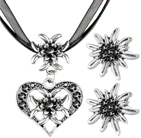 3 Stück Trachtenschmuck Set, Bayerisch Dirndlschmuck Trachtenkette Schmuck, Trachten Herz Anhänger und Strass Edelweiß Ohrstecker für Damen Oktoberfest Dirndl und Lederhose Accessoires(Schwarz)