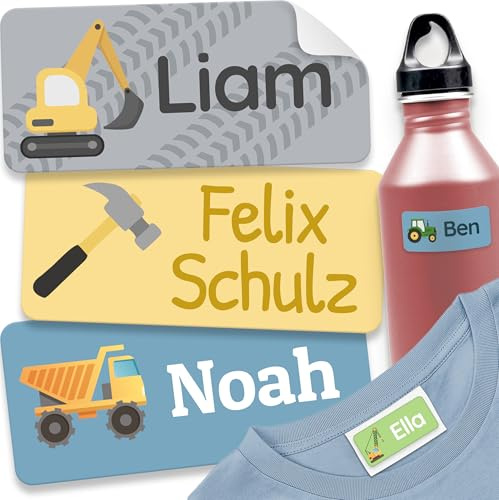 melu kids® Namensaufkleber für Kinder - Kleidung & Gegenstände (180 Stück) Kita/Schule - Namensschilder für Kleidung waschmaschinenfest und personalisiert (Baustelle)