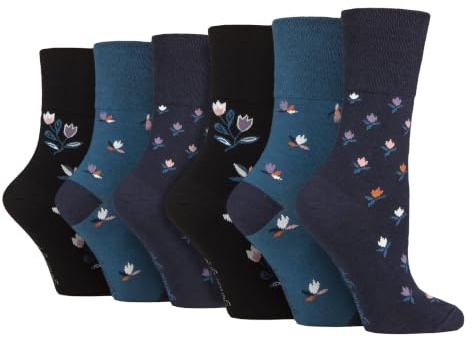 Gentle Grip - 6er Pack Damen Baumwolle Ohne Gummibund Socken | Socken mit Bunt Elegant Motiv