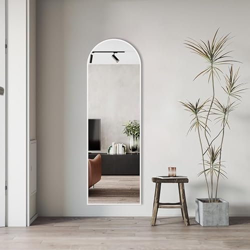 WDWRITTI Weiß Bogen Ganzkörperspiegel 50x160cm, Standspiegel mit Weiß Metallrahmen HD Groß Wandspiegel, Bogenspiegel für Ankleide-, Schlaf-, Wohn-, Flur