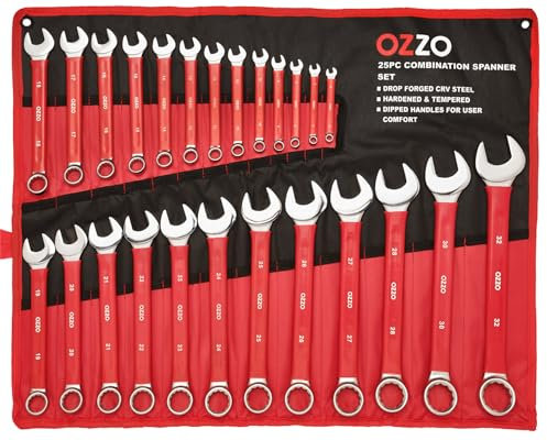 OZZO 25 Piece Combination Metric Spanner Set (6-32mm) | Open Ended & Ring Wrench Set with Storage Tool Roll | CRV Steel Heavy Duty Hand Tools | Soft Grip Dipped Handles