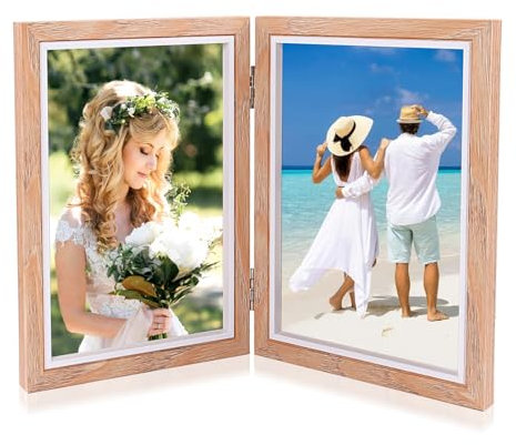 XIATIAN Doppelter Bilderrahmen Faltbar, Klappbarer Bilderrahmen aus Holz 10x15 cm, Faltbar Bilderrahmens Collage, Bilderrahmens 2 Fotos für den Haus, Schlafzimmer, Tischdisplay