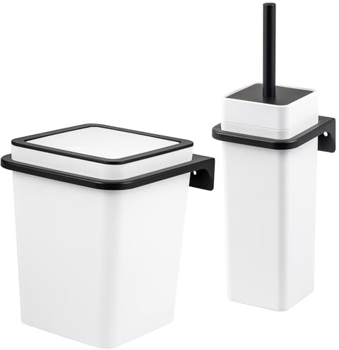 bremermann eckiges 2tlg. Bad-Set Savona mit gummierter Softtouch-Oberfläche inkl. Wandhalterung zum Kleben oder Bohren, moderner Kosmetikeimer 5,5 Liter und WC-Garnitur aus Kunststoff (Weiß)