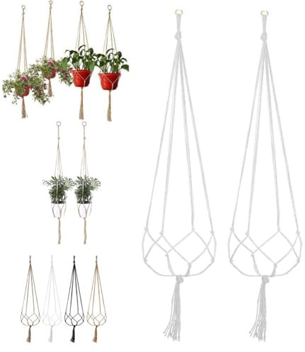 2 x große Makramee-Pflanzenaufhänger-Set, 89,9 cm, Pflanzenaufhänger, Korb mit Quasten, weißer Makramee-Aufhänger für den Außenbereich, große Hängekörbe, Netz für Blumen, Innen- und Außenbereich,