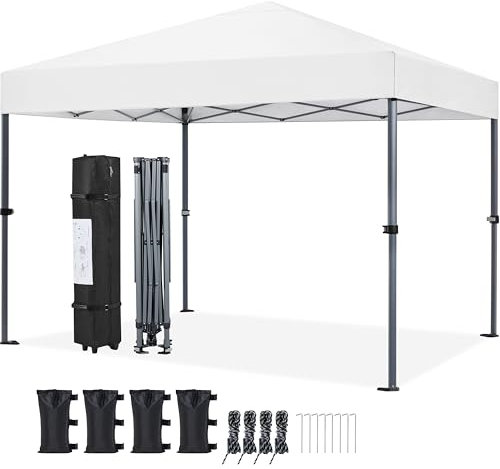 Yaheetech Pop Up Gazebo, 3x3m Easy One Person Setup Instant Shelter, Waterproof Garden Patio Canopy with 4 Sandbags, 4 Ropes & 8 Stakes, Wheeled Bag, Steel Frame, Adjustable Height - White