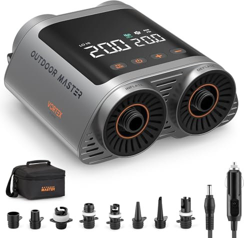 OutdoorMaster Vortex Paddle Board Pump Electric Portable, Max 20PSI SUP Air Pump Inflator & Deflator, 12V/15.8V DC Input, Auto Off & Cooling, 8 Nozzles Pump for Paddle Board, Inflatables - No Battery