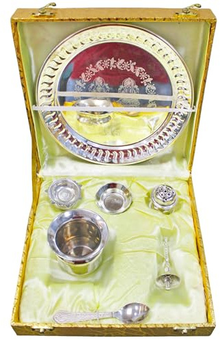 Home Genie Pooja Thali Set with Silver Polish | Complete Hindu Puja Kit with Plate, Kalash, Diya, Bell, Spoon & Incense Holder | Gift Box for Temple, Festivals & Rituals
