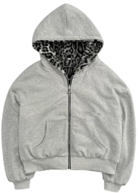 Ponitrack Vintage Leopard Print Jacket Y2k Reversible Zip Up Jacket Baggy Long Sleeve Hoodie Grunge Streetwear Unisex (Grey,Large)